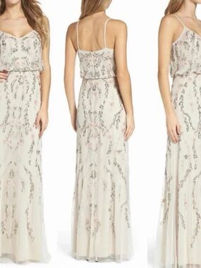 Adrianna Papell Ivory Maxi Dress with Blush Beaded Accents like new